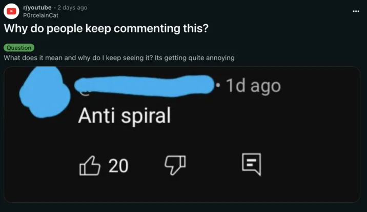 Anti-Spiral YouTube Comments — Reddit post asking why users keep commenting 'Anti spiral' on YouTube, with a screenshot of the comment.