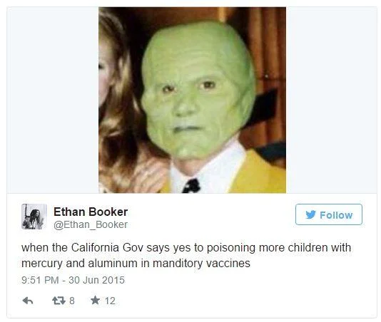 Anti Vaccination Movement — Tweet showing California governor photoshopped as The Mask in response to Jim Carrey