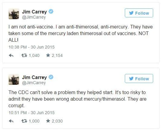 Screenshots of Jim Carrey tweets clarifying his anti-thimerosal stance and criticizing the CDC