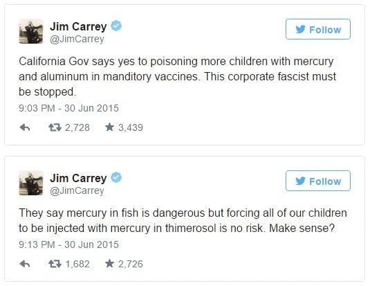 Screenshots of Jim Carrey tweets criticizing mandatory vaccines and mercury from June 2015