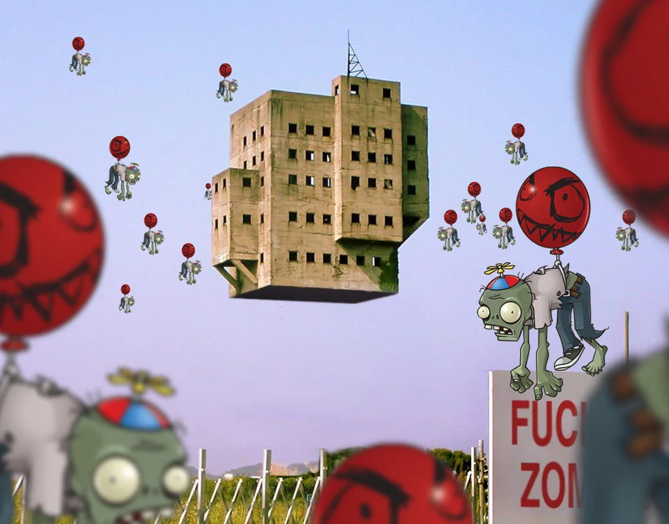 Anti-Zombie Fortress — Fortress tower floating in the air surrounded by Plants vs Zombies balloon zombies.
