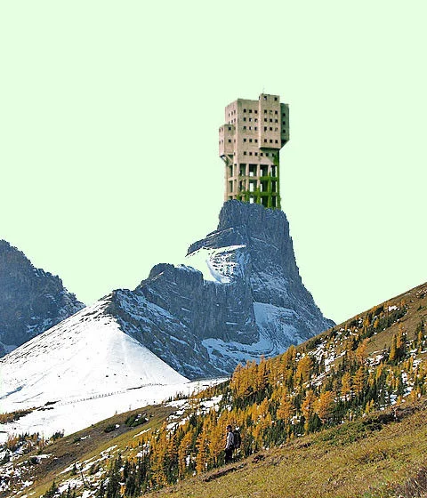 Anti-Zombie Fortress — Shime concrete tower photoshopped onto a steep snowy mountain peak with autumn trees below.