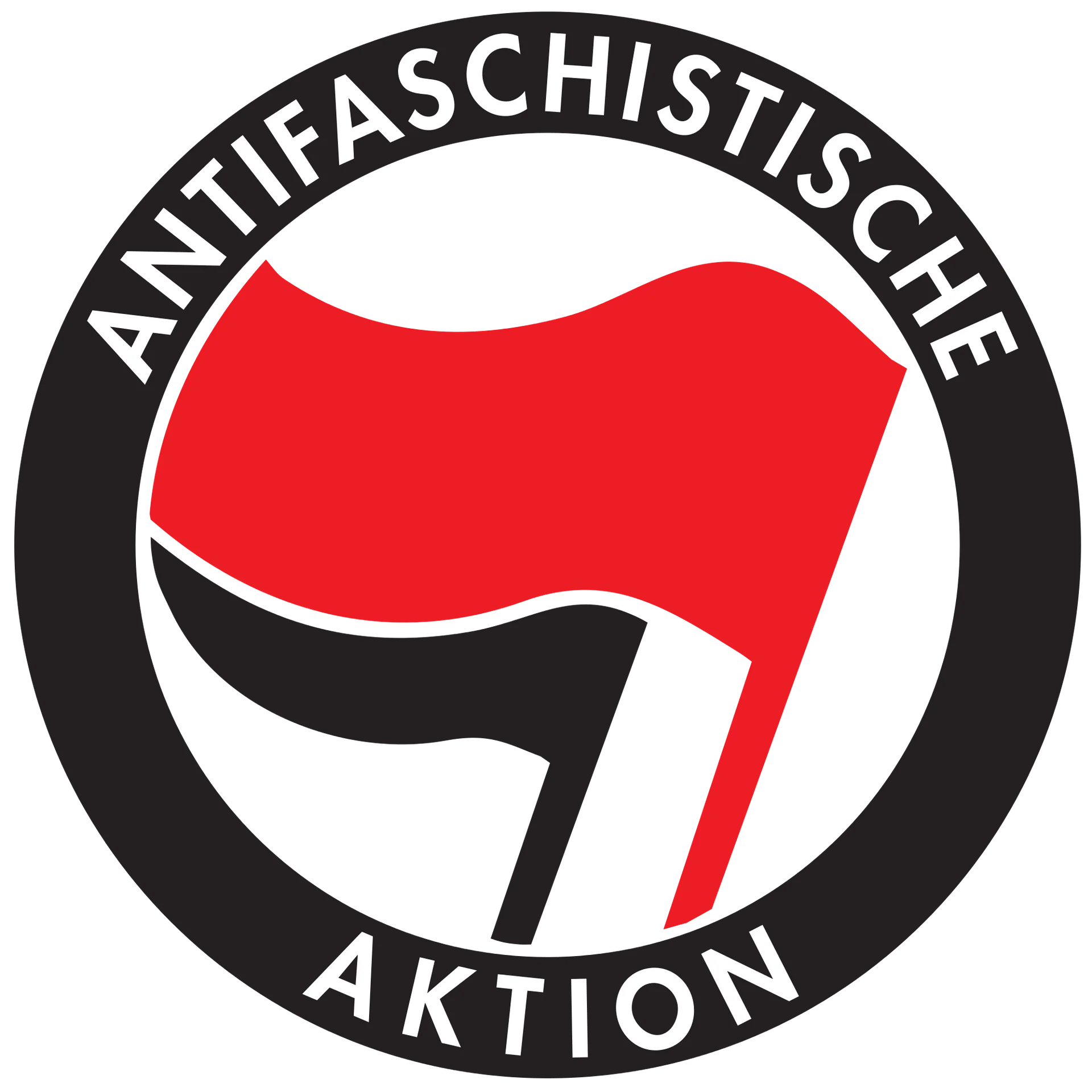 Antifaschistische Aktion logo with red and black flags inside a black circle