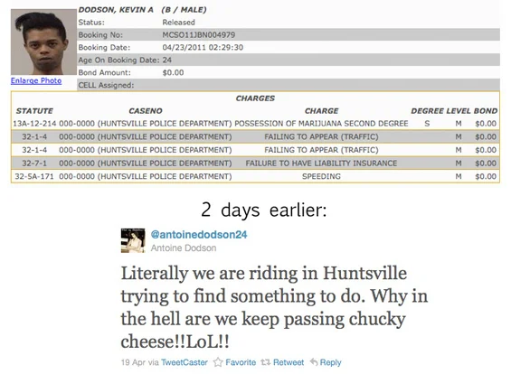 Antoine Dodson Bed Intruder — Screenshot of Antoine Dodson's arrest record and preceding tweet