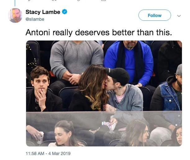 Antoni Next To Kate Beckinsale And Pete Davidson Kissing — Tweet stating Antoni deserves better than being seated next to the kissing couple