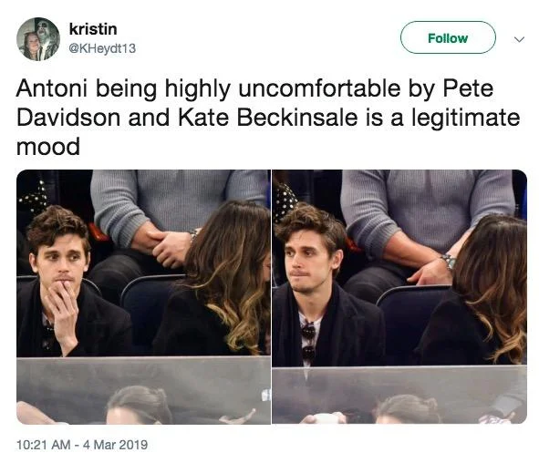 Antoni Next To Kate Beckinsale And Pete Davidson Kissing — Side-by-side crops highlighting Antoni's uncomfortable facial expressions