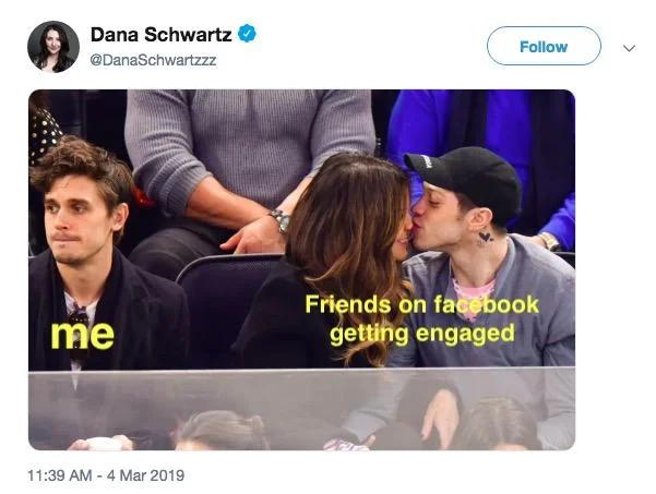 Antoni Next To Kate Beckinsale And Pete Davidson Kissing — Meme using the image with 'me' labeling Antoni and 'friends on Facebook getting engaged' labeling