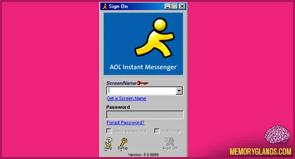 AOL Instant Messenger login/sign-up dialog window with yellow buddy icon, screen name field, and password options