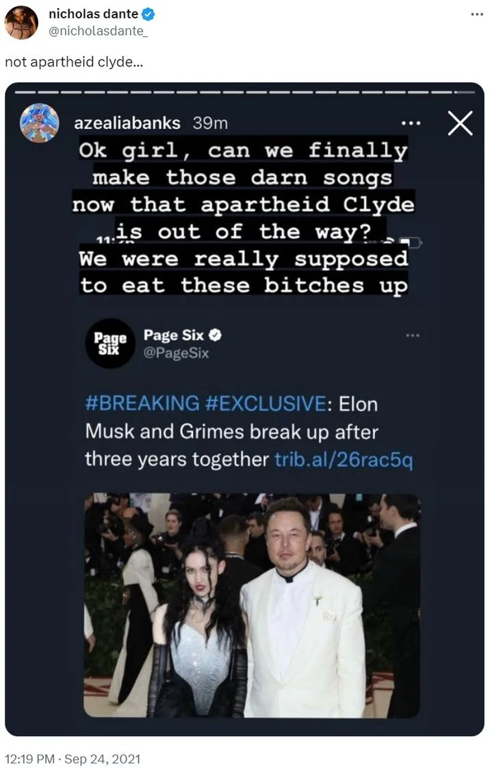 Screenshot of Azealia Banks' 'Apartheid Clyde' post shared by another Twitter user.