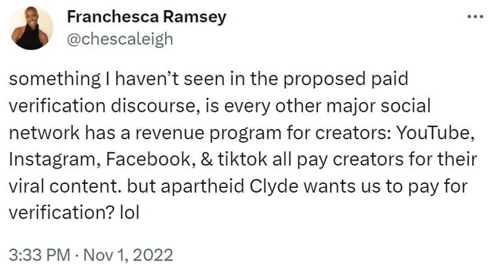 Tweet criticizing Twitter verification policy using 'Apartheid Clyde' as derisive nickname.