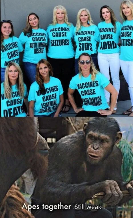 Apes Together Strong — Critical parody mocking anti-vaccination groups with 'Still Weak' ending.