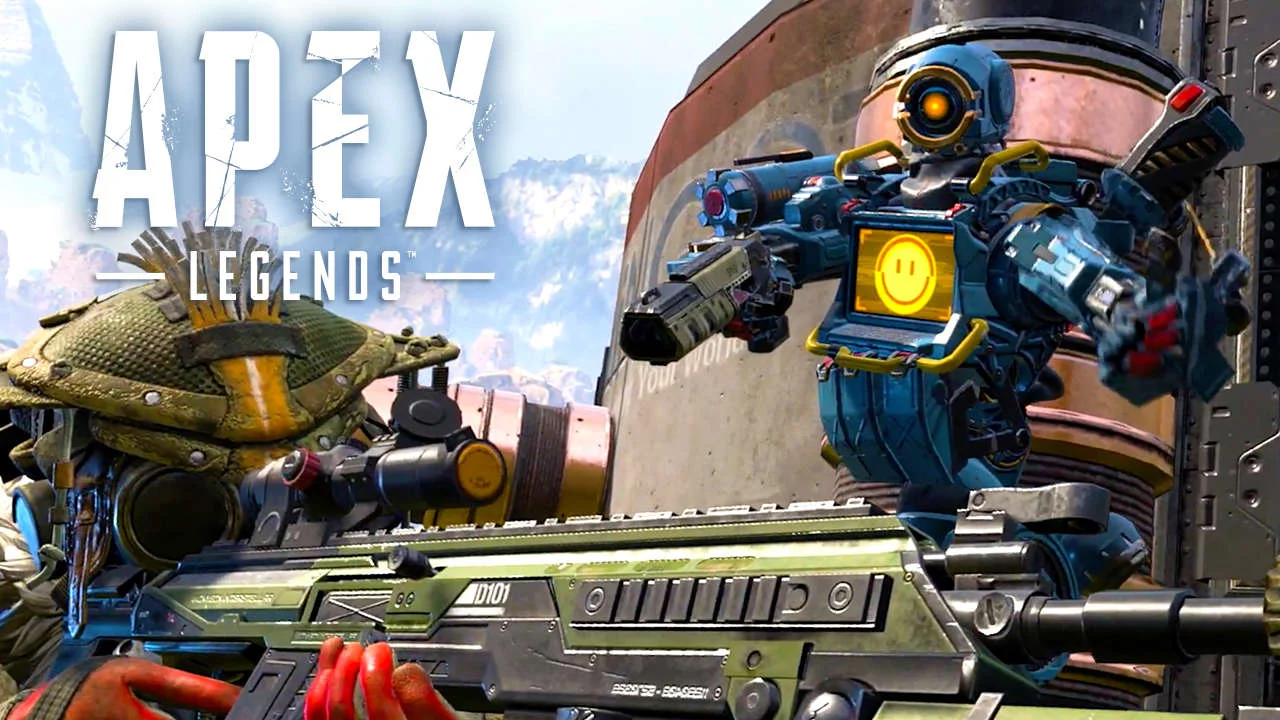 Apex Legends promotional artwork showing Bloodhound and Pathfinder holding weapons with the game's logo