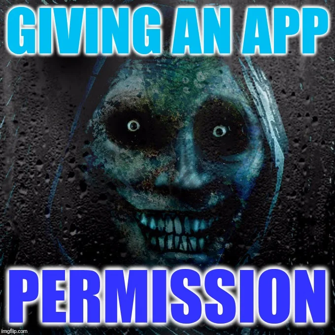 App Permission Request — Glowing-eyed skull with 'Giving An App Permission' text warning.