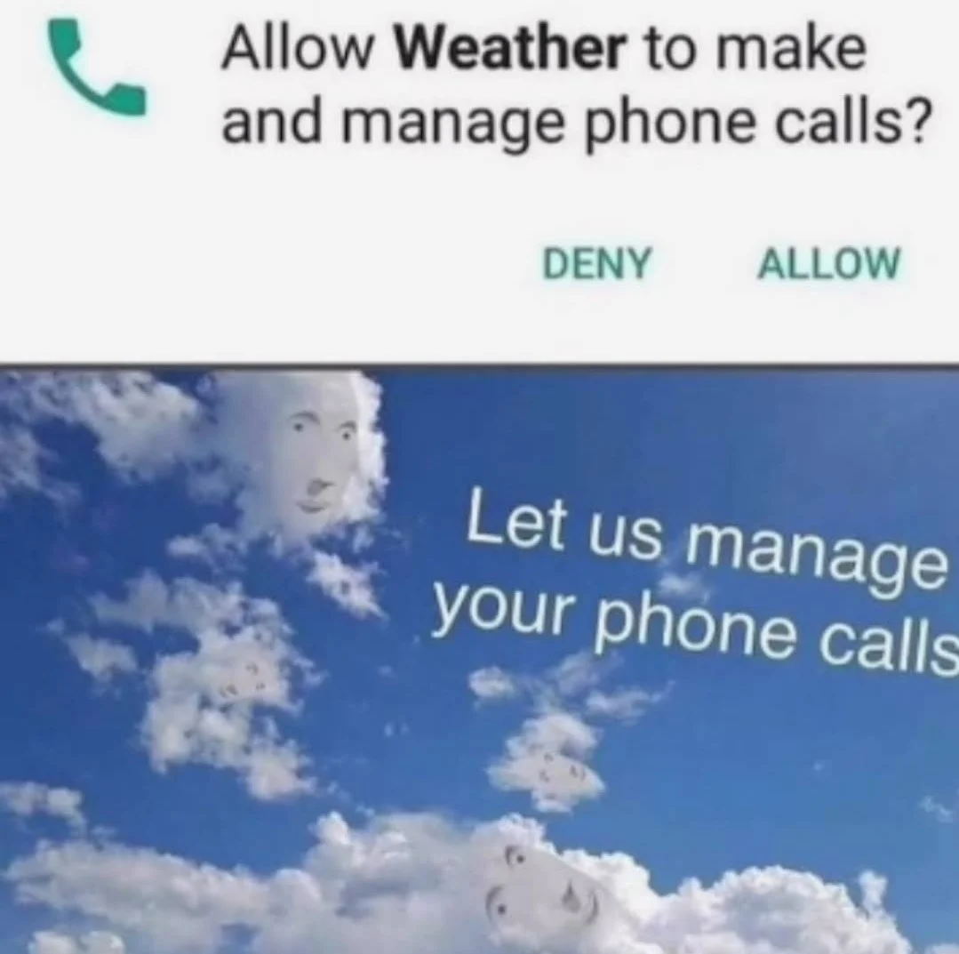 App Permission Request — Android permission dialog asking weather app to manage phone calls.