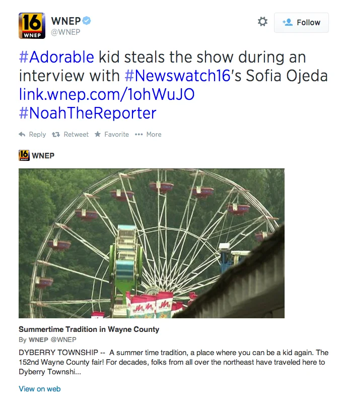 Apparently Kid — WNEP tweet promoting the Noah Ritter interview with #NoahTheReporter hashtag