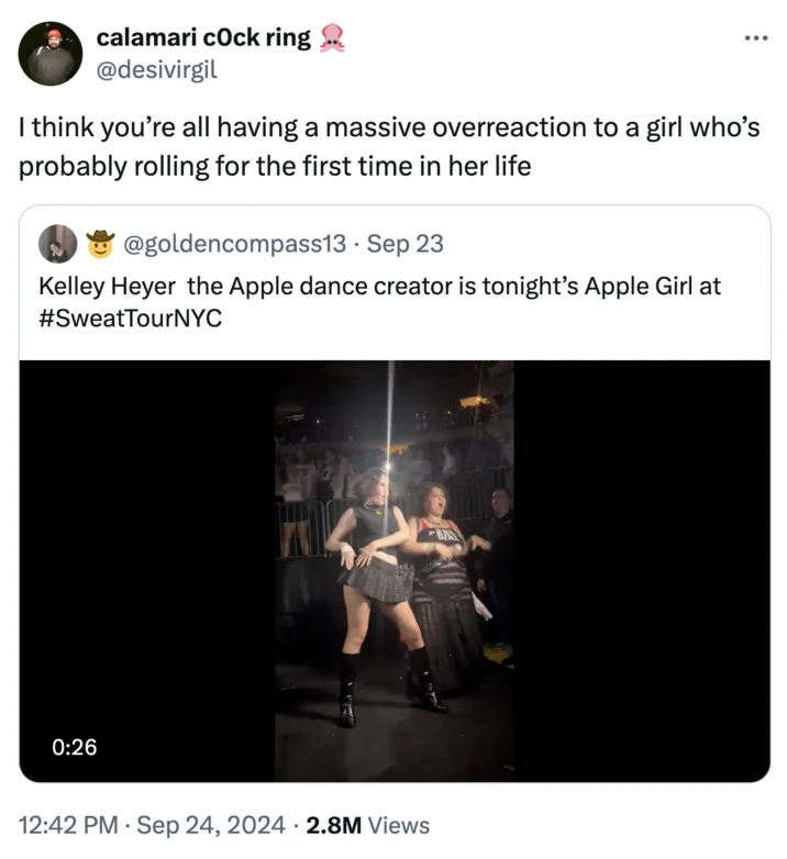 Twitter post from @desivirgil providing counter-perspective on Apple Dance reactions.