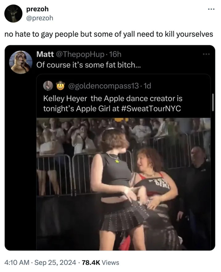 Twitter thread from fulmiez with introspective commentary about Apple Dance performance.