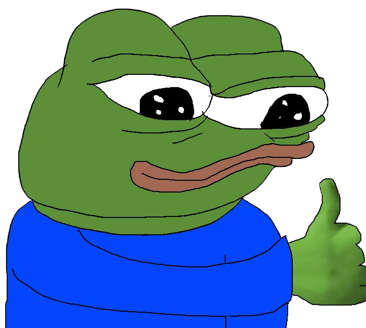 Apu Apustaja character giving thumbs up gesture in crude style with green frog face and blue shirt.