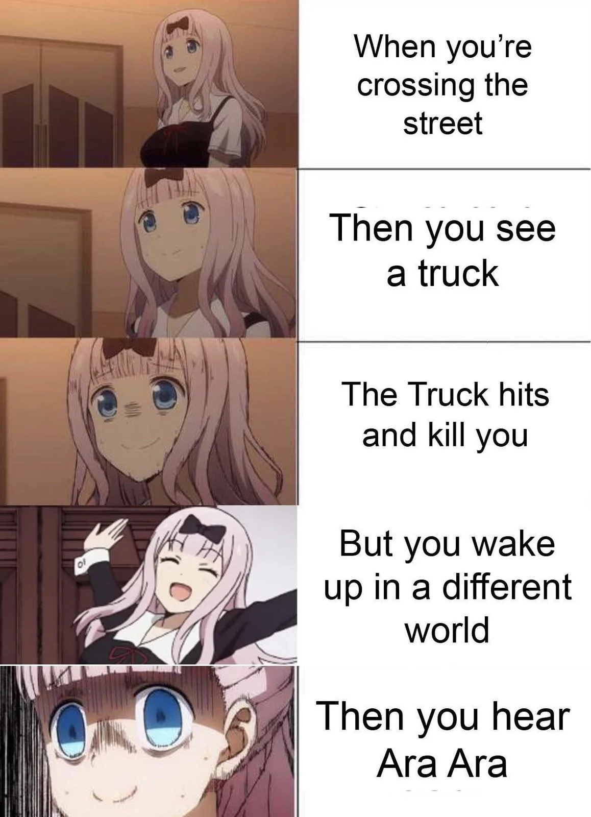 Multi-panel manga meme about crossing street with escalating surreal events ending with 'Ara Ara'.