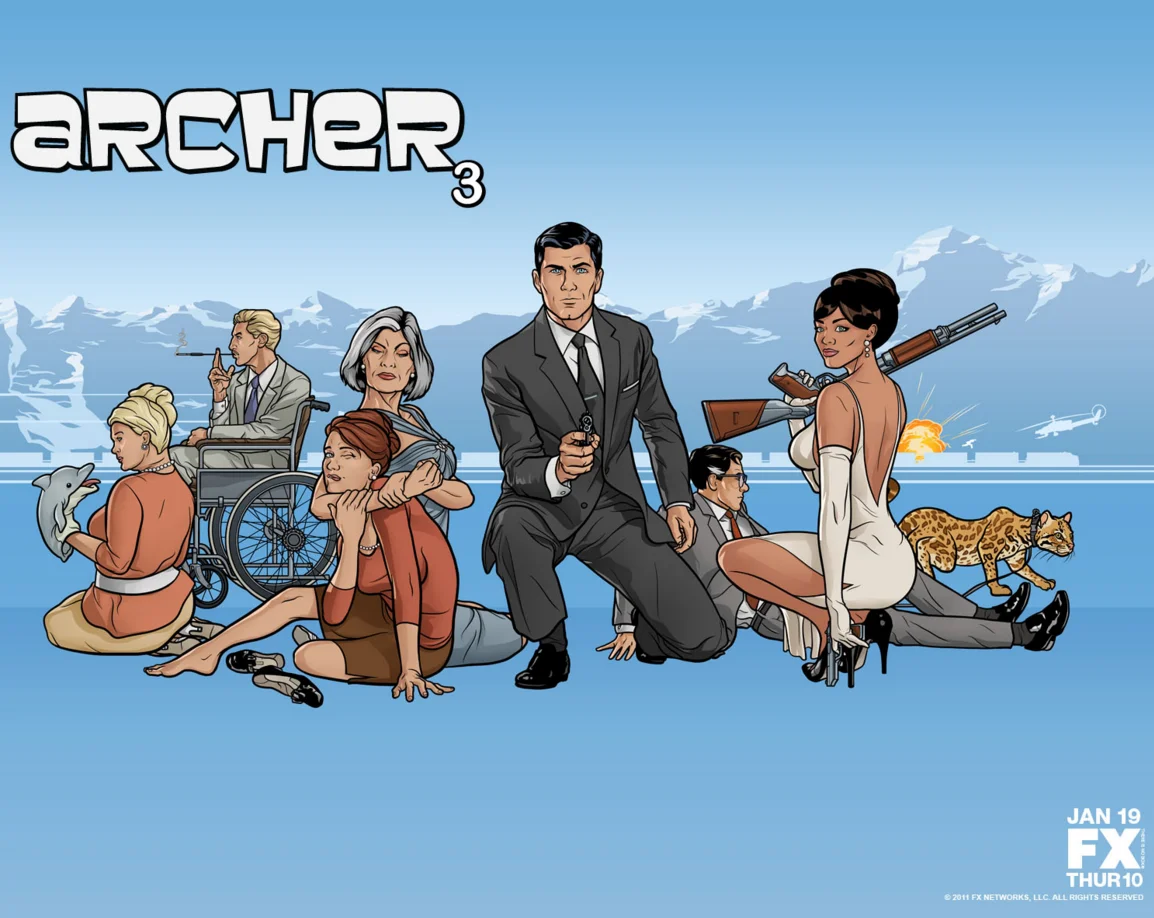 Archer Season 3 FX promotional poster with Sterling Archer, Lana Kane, and the ISIS spy agency cast