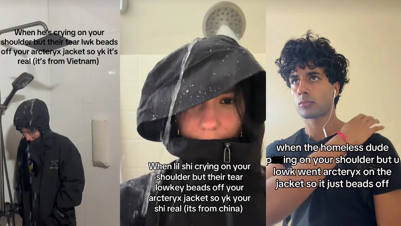Arc'teryx Jacket Water Resistant — Three TikTok screenshots of people in black Arc'teryx jackets under running shower water with captions about tears beading