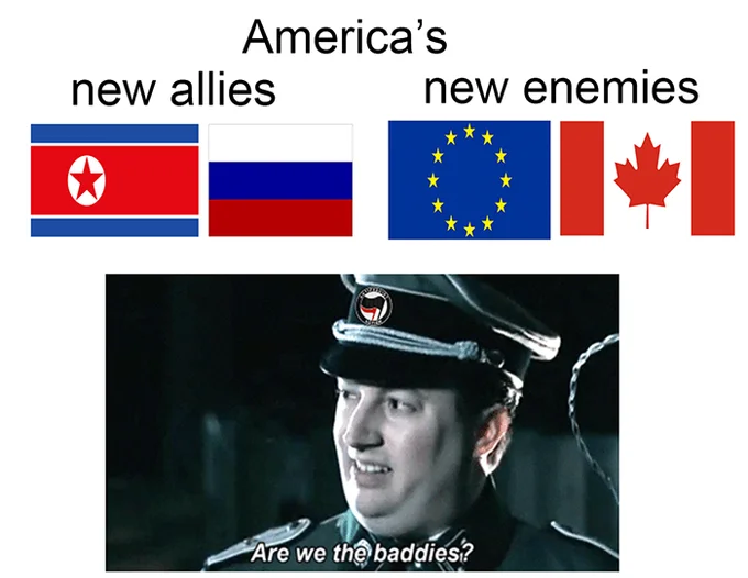 America's new allies vs new enemies political meme with are we the baddies caption
