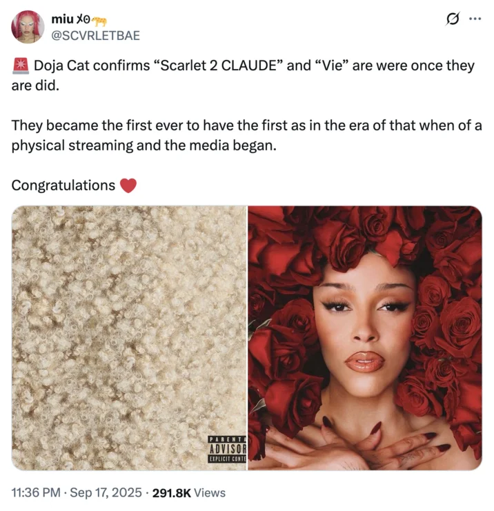 Are Were Once They Are Did — Twitter meme applying format to Doja Cat's 'Scarlet 2 CLAUDE' and 'Vie' with contrasting album artwork.