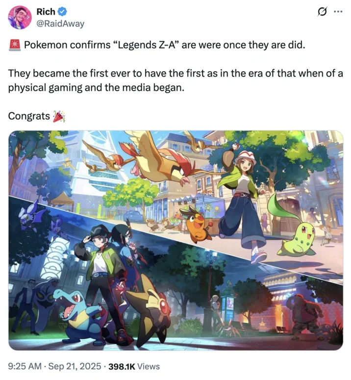 Are Were Once They Are Did — Twitter meme confirming Pokémon Legends Z-A using format with game promotional artwork.