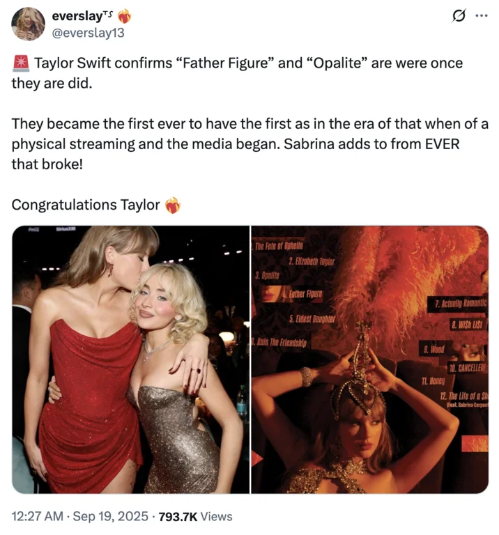 Are Were Once They Are Did — Twitter meme applying format to Taylor Swift songs 'Father Figure' and 'Opalite' with concert imagery.