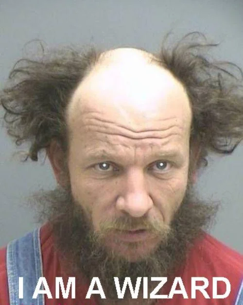 Are You A Wizard — Mugshot of a balding man with wild side hair captioned I AM A WIZARD