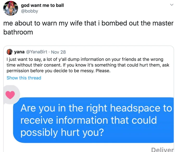Are You In The Right Headspace? — Twitter joke parody tweet about warning a wife about bombing out the bathroom, using the headspace meme format.
