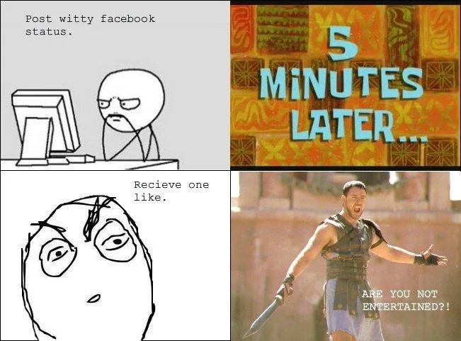 Four-panel rage comic ending with Maximus shouting 'Are you not entertained?!'