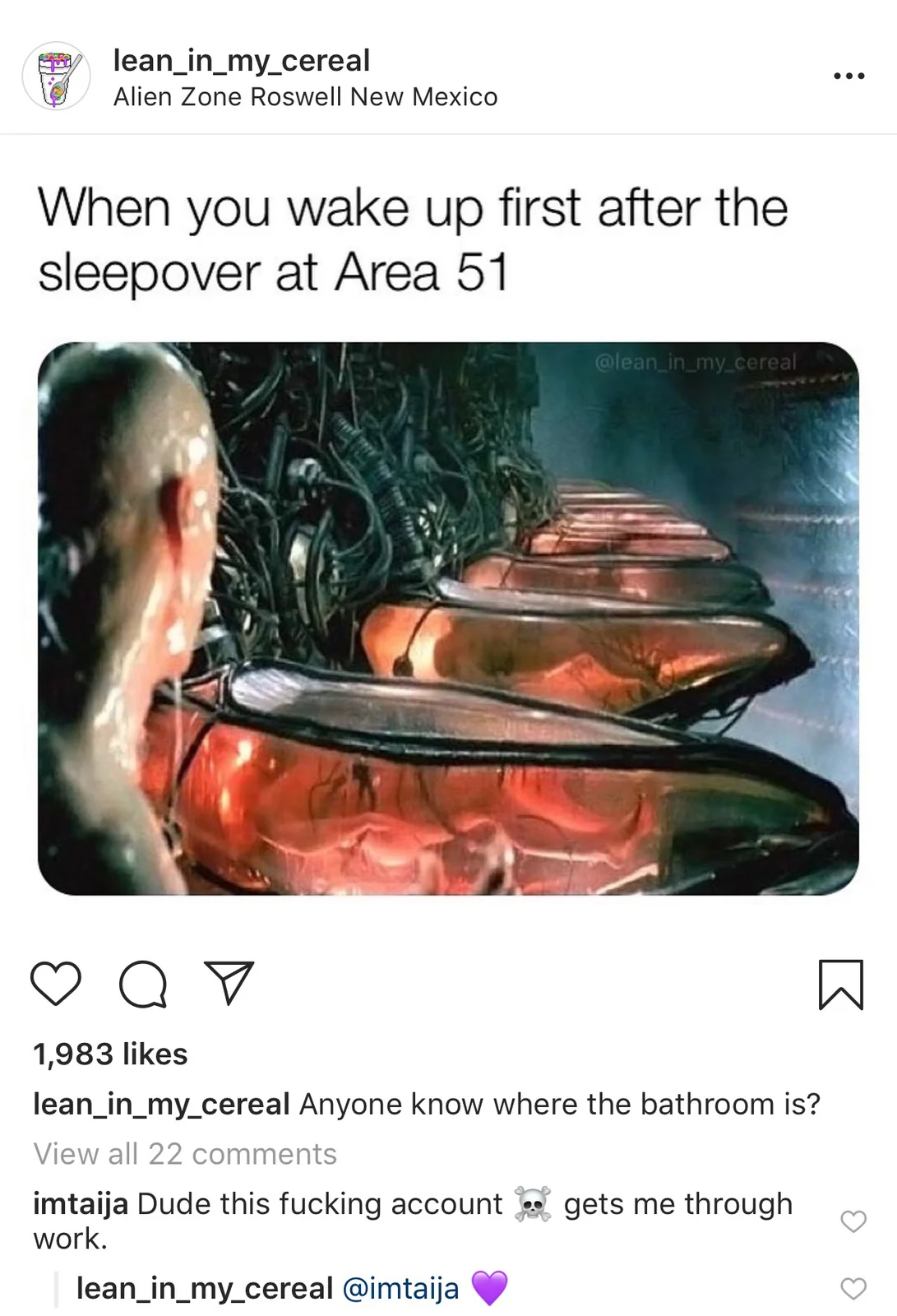 Alien film scene meme about waking up during Area 51 raid.