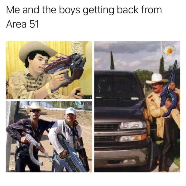 Area 51 Raid — Me and the Boys format with armed figures returning from Area 51.