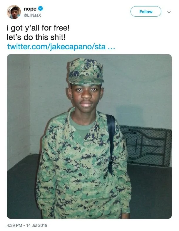 Lil Nas X tweet endorsing Area 51 raid meme.