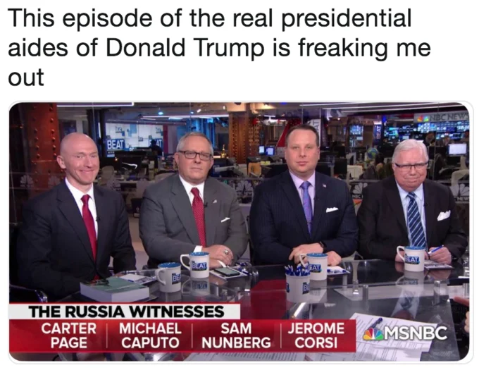 Ari Melbers Russiagate Key Witnesses Panel — Tweet joking the panel looks like an episode of 'The Real Presidential Aides of Donald Trump'