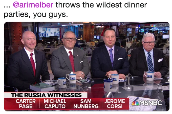 Ari Melbers Russiagate Key Witnesses Panel — Tweet joking that Ari Melber throws the wildest dinner parties over the witnesses panel image