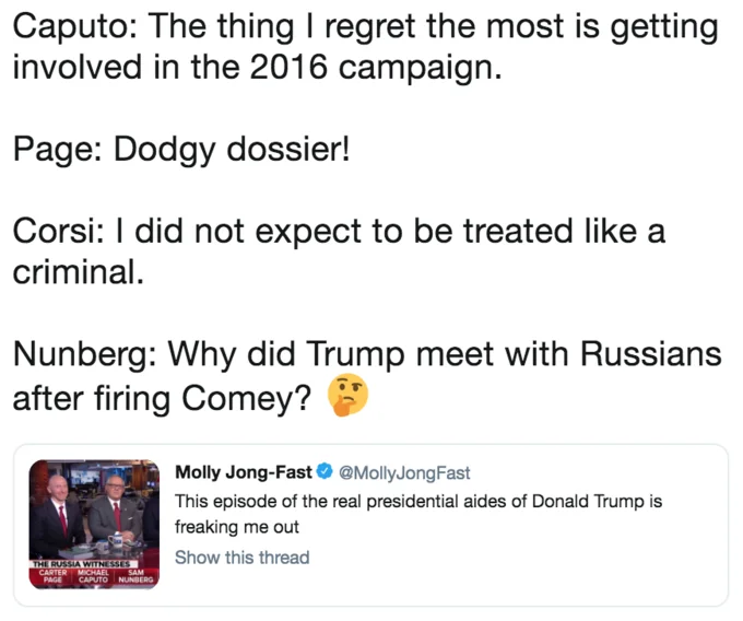 Ari Melbers Russiagate Key Witnesses Panel — Tweet listing memorable quotes from each of the four Russia witnesses on Ari Melber's panel