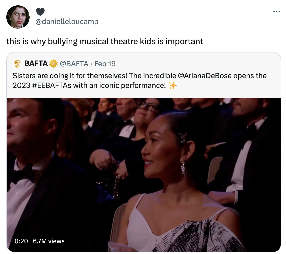 Ariana DeBose BAFTA Rap — BAFTA official announcement screenshot of Ariana DeBose's 2023 performance with audience reaction.