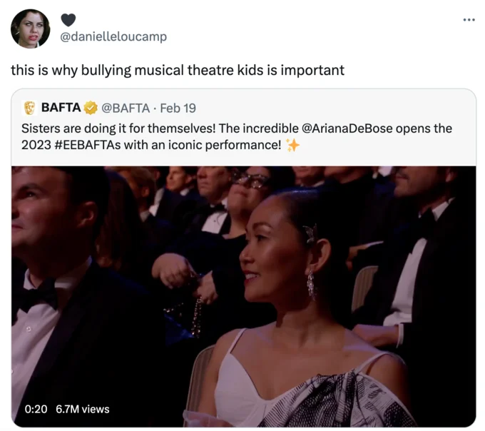 Ariana DeBose BAFTA Rap — Official BAFTA tweet announcing Ariana DeBose's performance with formal audience members watching.