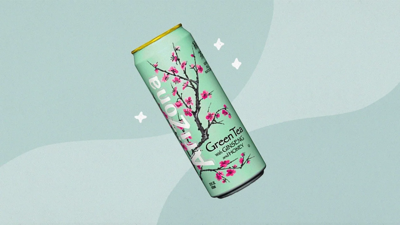 Arizona Iced Tea — Arizona Green Tea can with cherry blossom design on mint background
