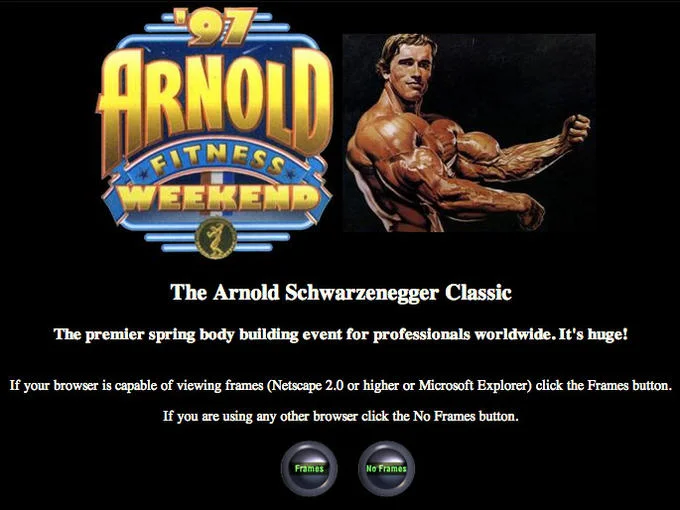 Screenshot of the 1997 Arnold Fitness Weekend website with Arnold Schwarzenegger bodybuilding photo