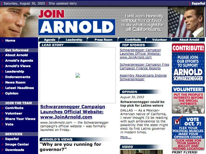 Arnold Schwarzenegger — Screenshot of the 2003 Join Arnold gubernatorial campaign website