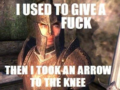 Arrow to the Knee — Skyrim character with crude humor text ending with arrow to knee phrase.