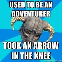 Skyrim antagonist in Daedric armor with text referencing arrow to the knee phrase.