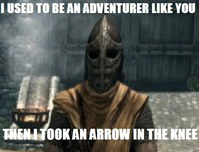 Elven guard from Skyrim with original NPC dialogue about taking an arrow to the knee.