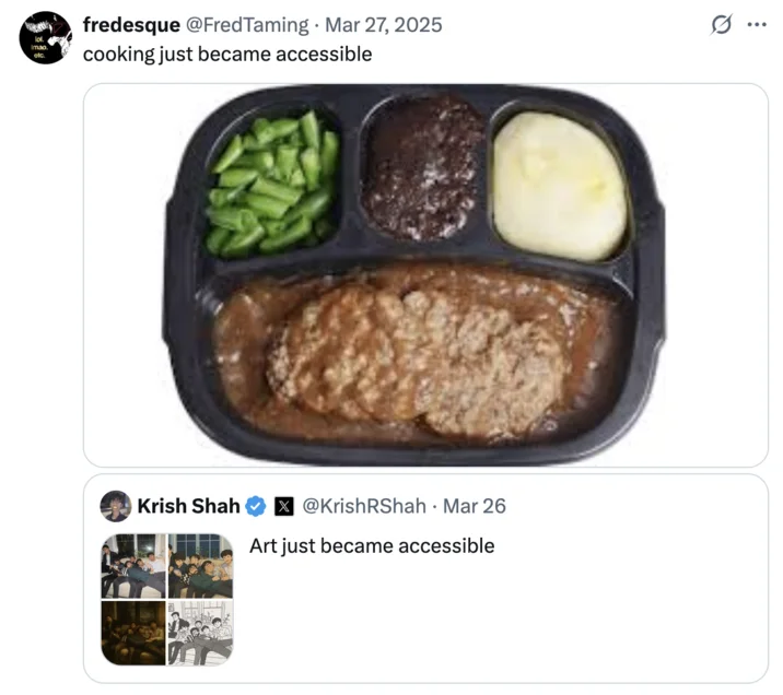 Art Just Became Accessible — Humorous parody response adapting format to cooking with meal prep tray captioned 'Cooking just became accessible'.