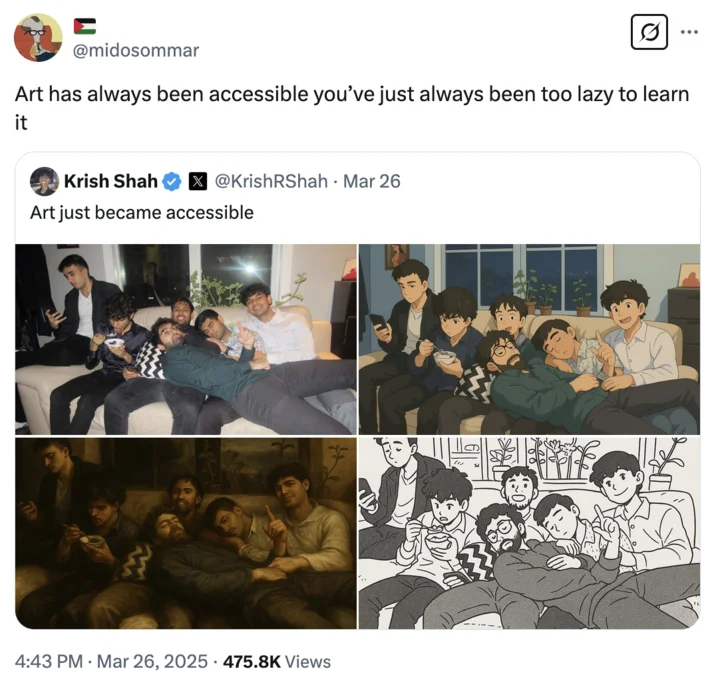 Art Just Became Accessible — Response tweet arguing 'Art has always been accessible you've just always been too lazy to learn it'.