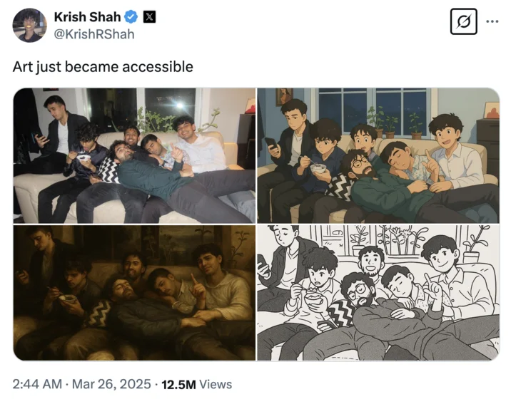 Art Just Became Accessible — Original viral tweet from Krish Shah with group photo transformed into four art styles including anime and oil painting.