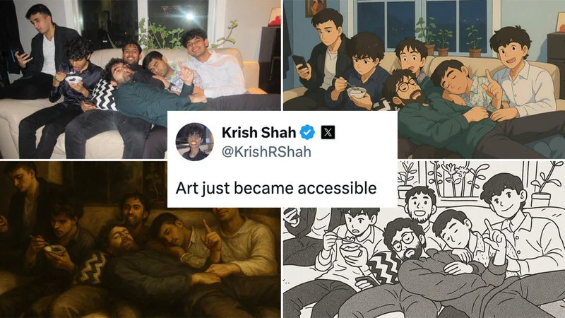 Art Just Became Accessible — Krish Shah verified profile with iconic four-panel image showing group photo and three AI art style variations.